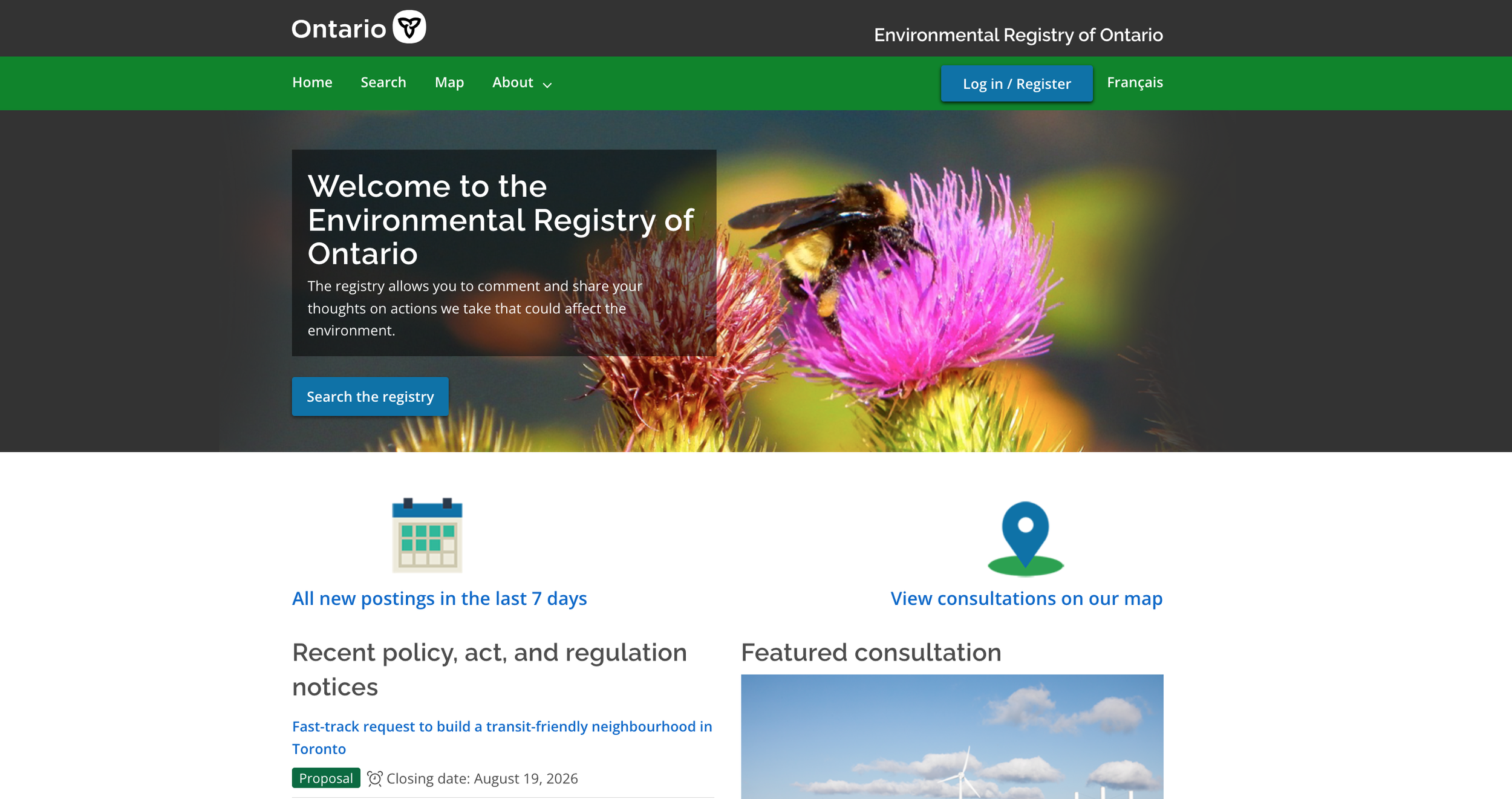 Homepage of the Environmental Registry of Ontario featuring a bee on a pink thistle flower with a blurred background and "Search the registry" button.