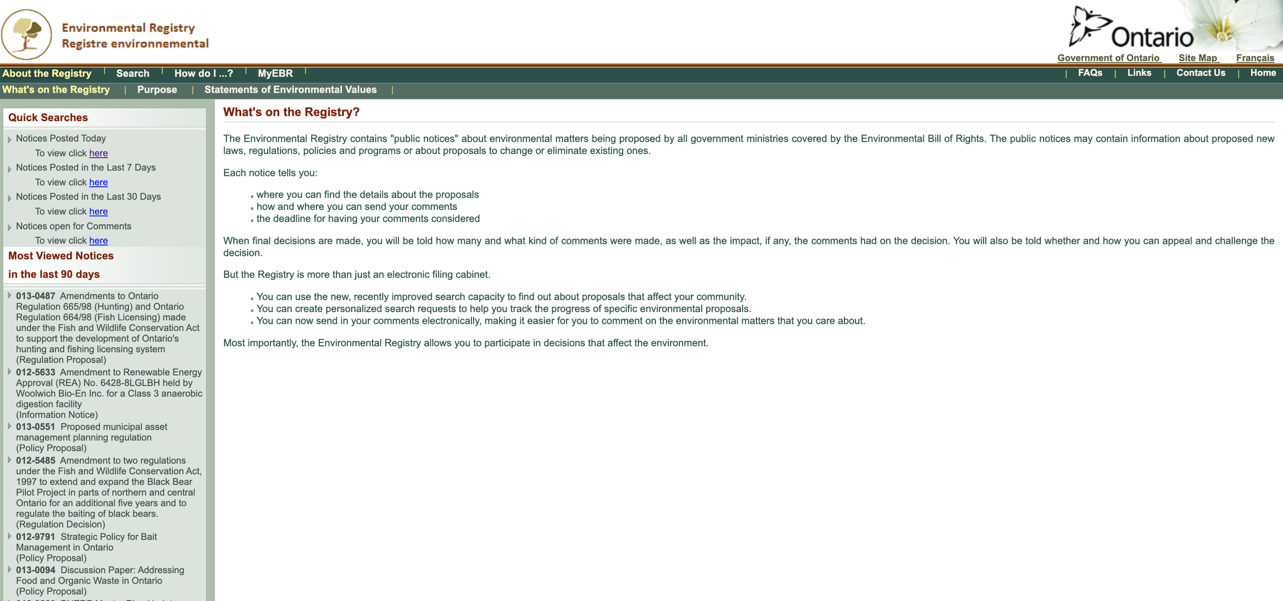 old Environmental Registry  home page with a What's on the Registry? heading, with a top-level and left-side navigation