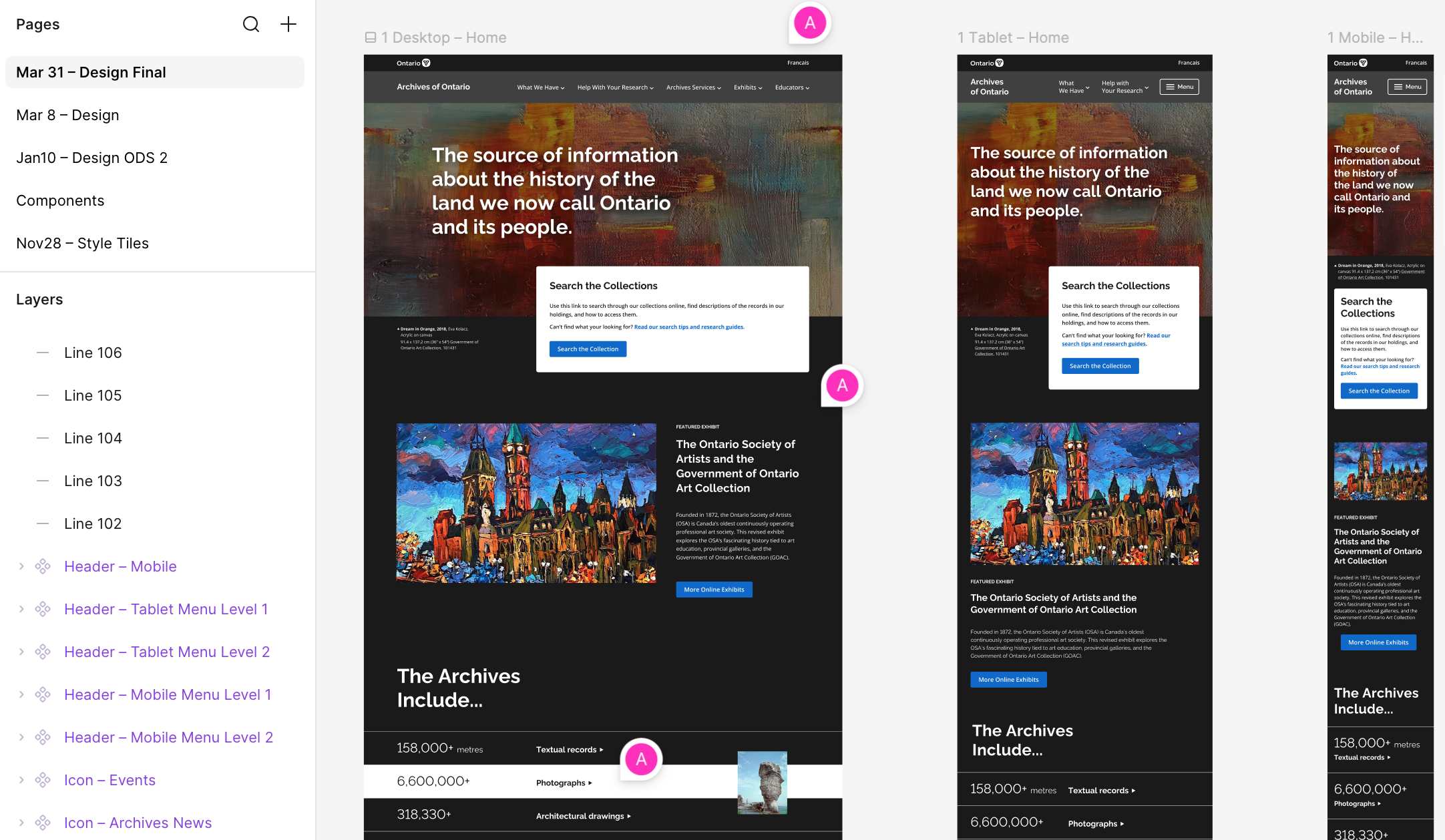 Three mockups (desktop, tablet, mobile) of the home page in Figma