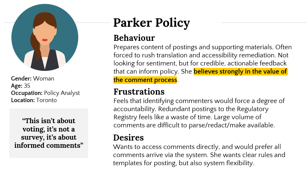 Persona of a policy analyst including a photo, demographic information, behaviour, frustrations, and desires descriptions