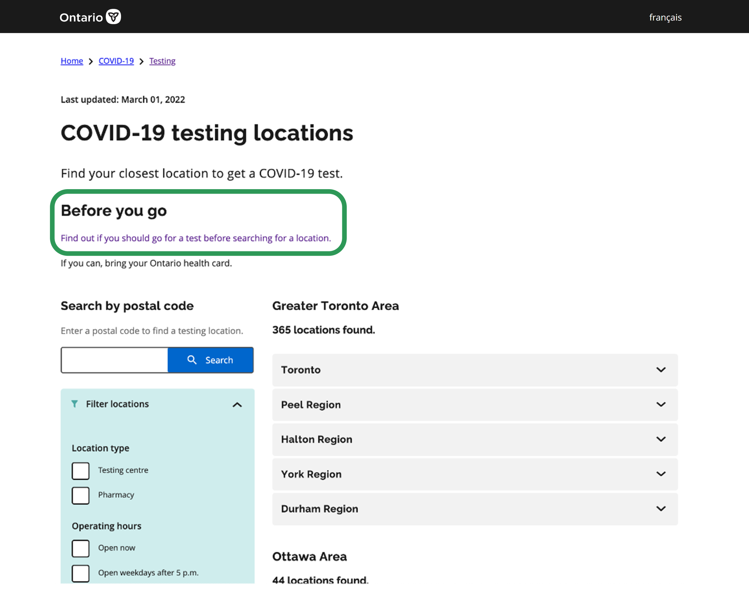 Screenshot of Ontario COVID-19 testing locations webpage with search options, filtered by region in Canada. First heading and hyperlink are highlighted.
