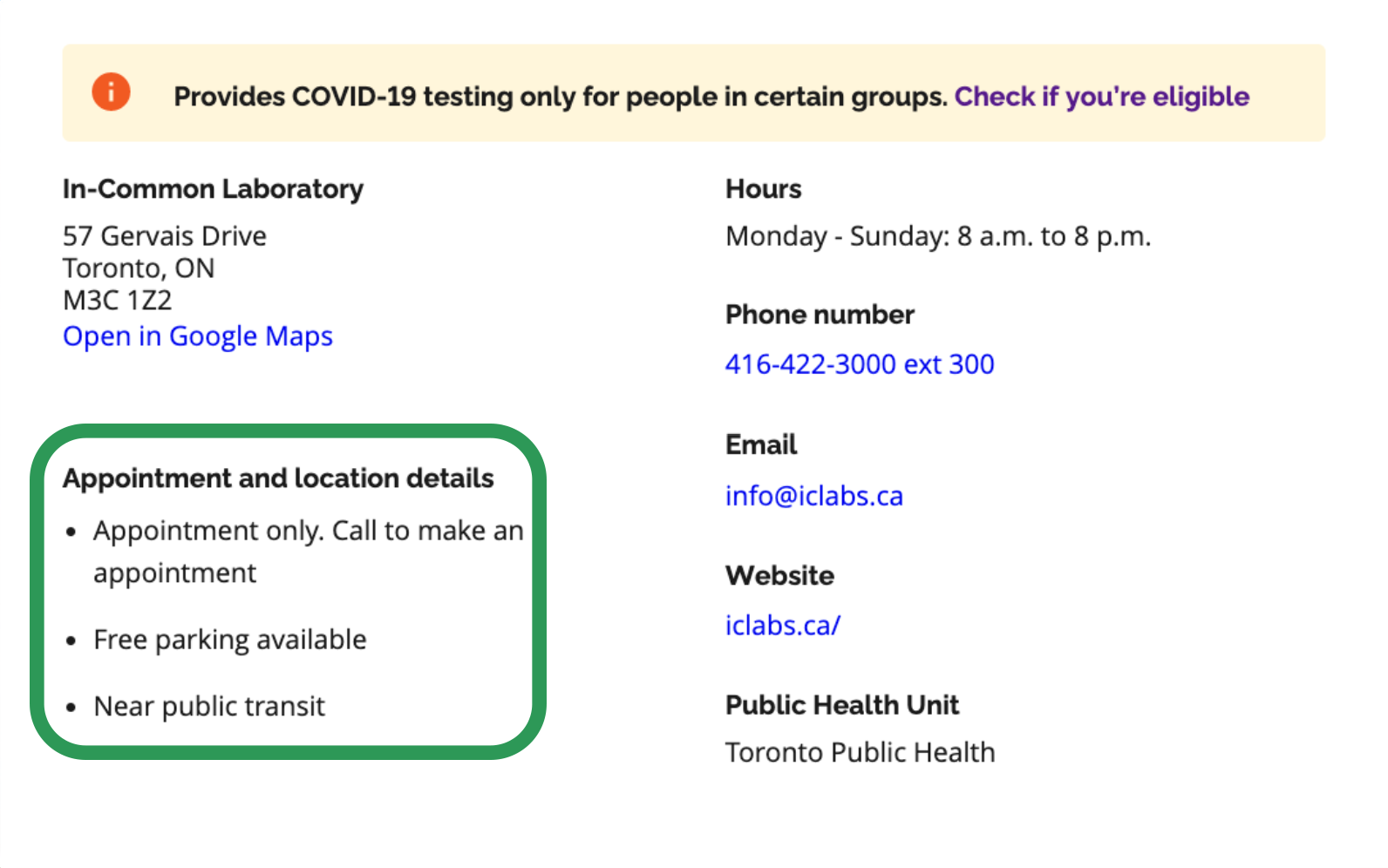 COVID-19 testing center information with address, hours, contact details, and appointment requirements. The location is at 57 Gervais Drive, Toronto, ON, with phone number 416-422-3000 ext 300 and email info@iclabs.ca. It is in a section with a green border.