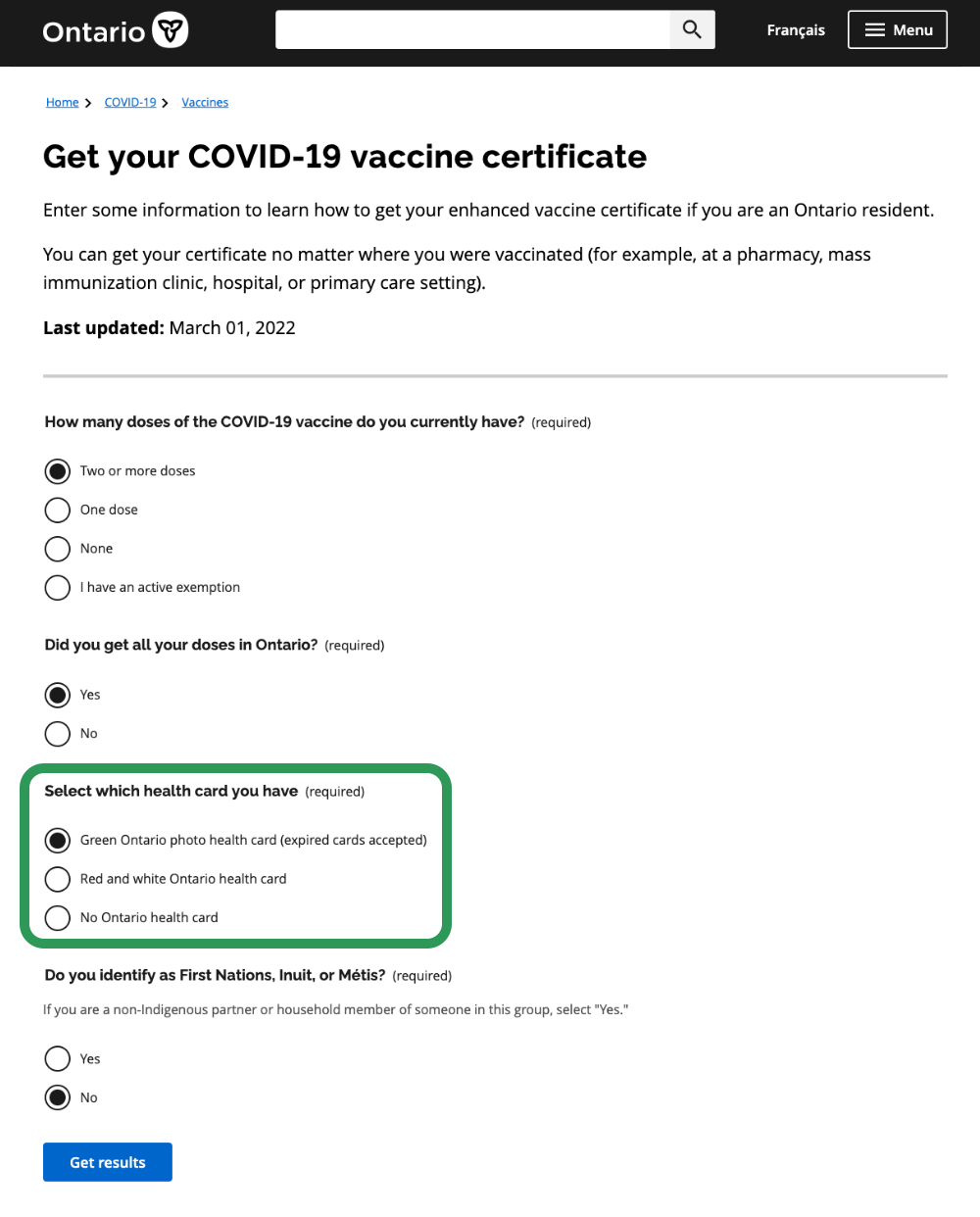 Ontario government webpage on COVID-19 vaccine certificates, with a form to select health card type, doses received, and personal information. Select health card question is highlighted.