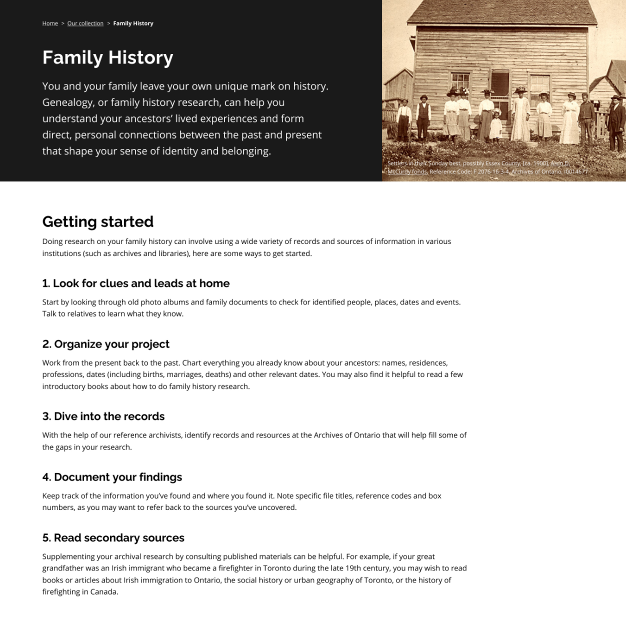 New topic page on family history research, featuring an historical photograph of settlers in front of a wooden house, taken around 1900 in Essex County.