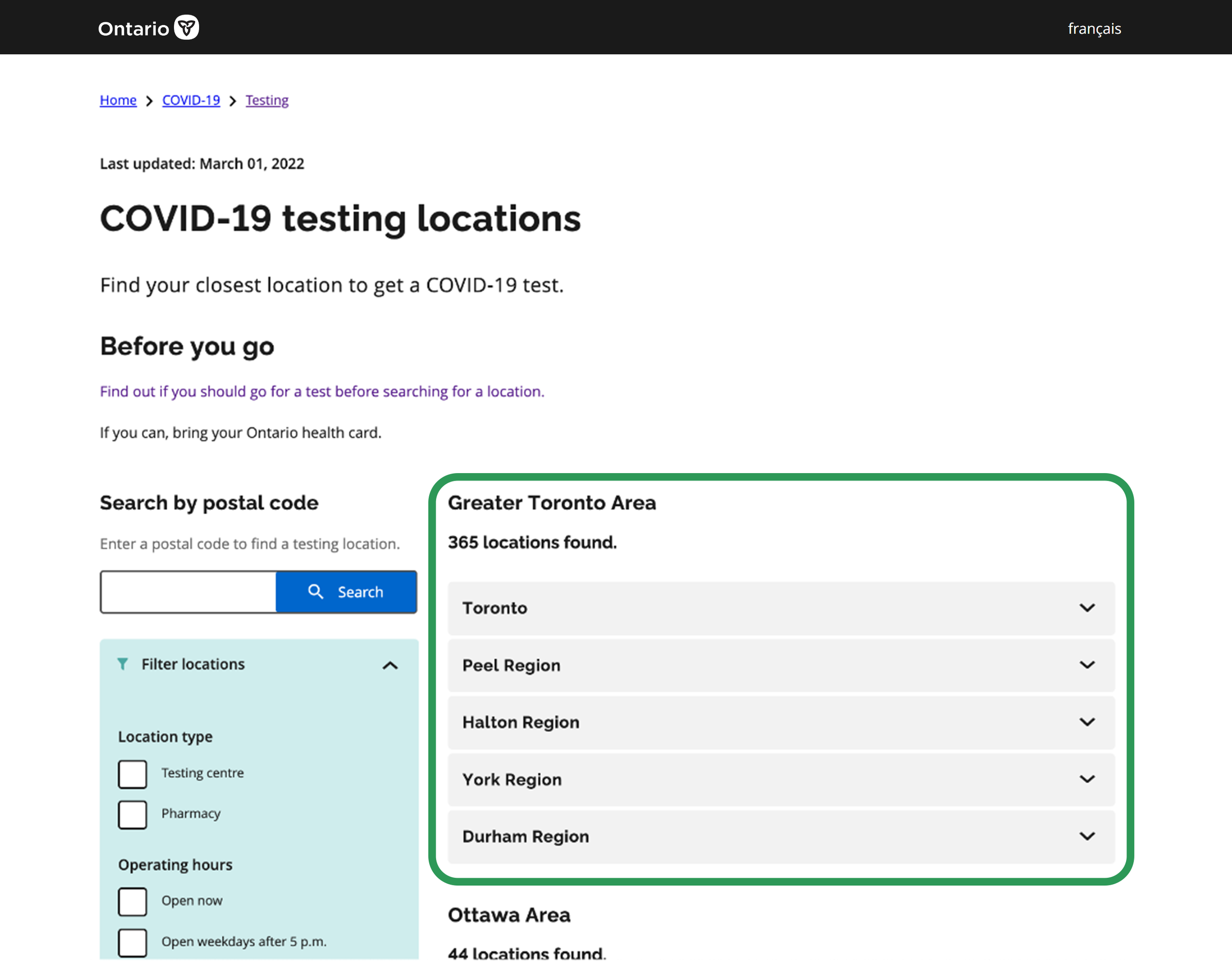 Ontario COVID-19 testing locations webpage showing a search section for testing centers in the Greater Toronto Area, with filters and a list of regional options. Regional options are highlighted.