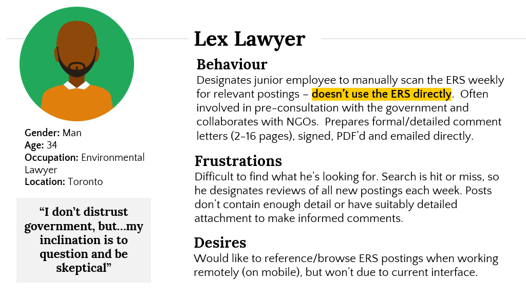 Persona of a lawyer including a photo, demographic information, behaviour, frustrations, and desires descriptions