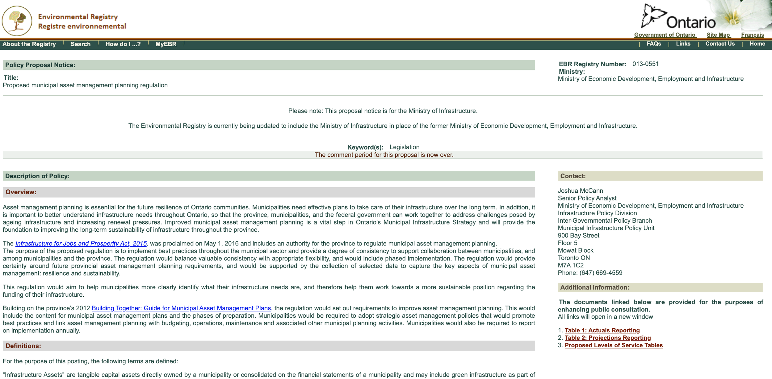Old Environmental Registry posting with a focus on a policy proposal for municipal asset management planning regulations, including details on the regulation, contact information, and related links.