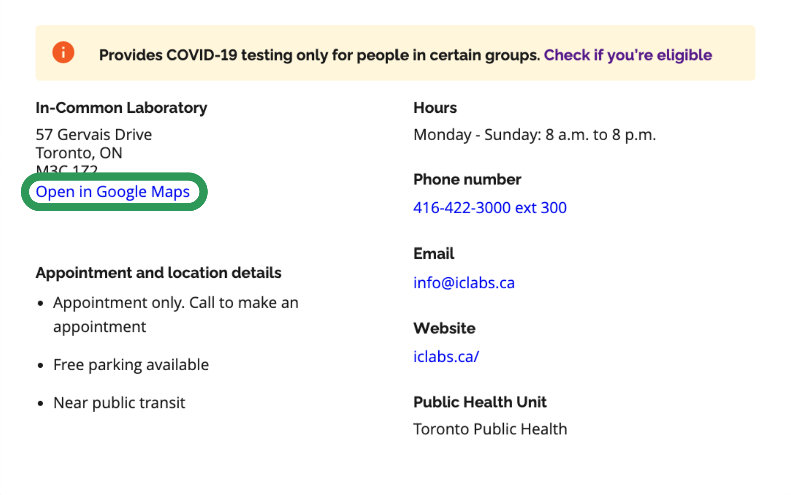 Screenshot of a COVID-19 testing location information page with address, hours, contact details, and a blue 'Open in Google Maps' button.