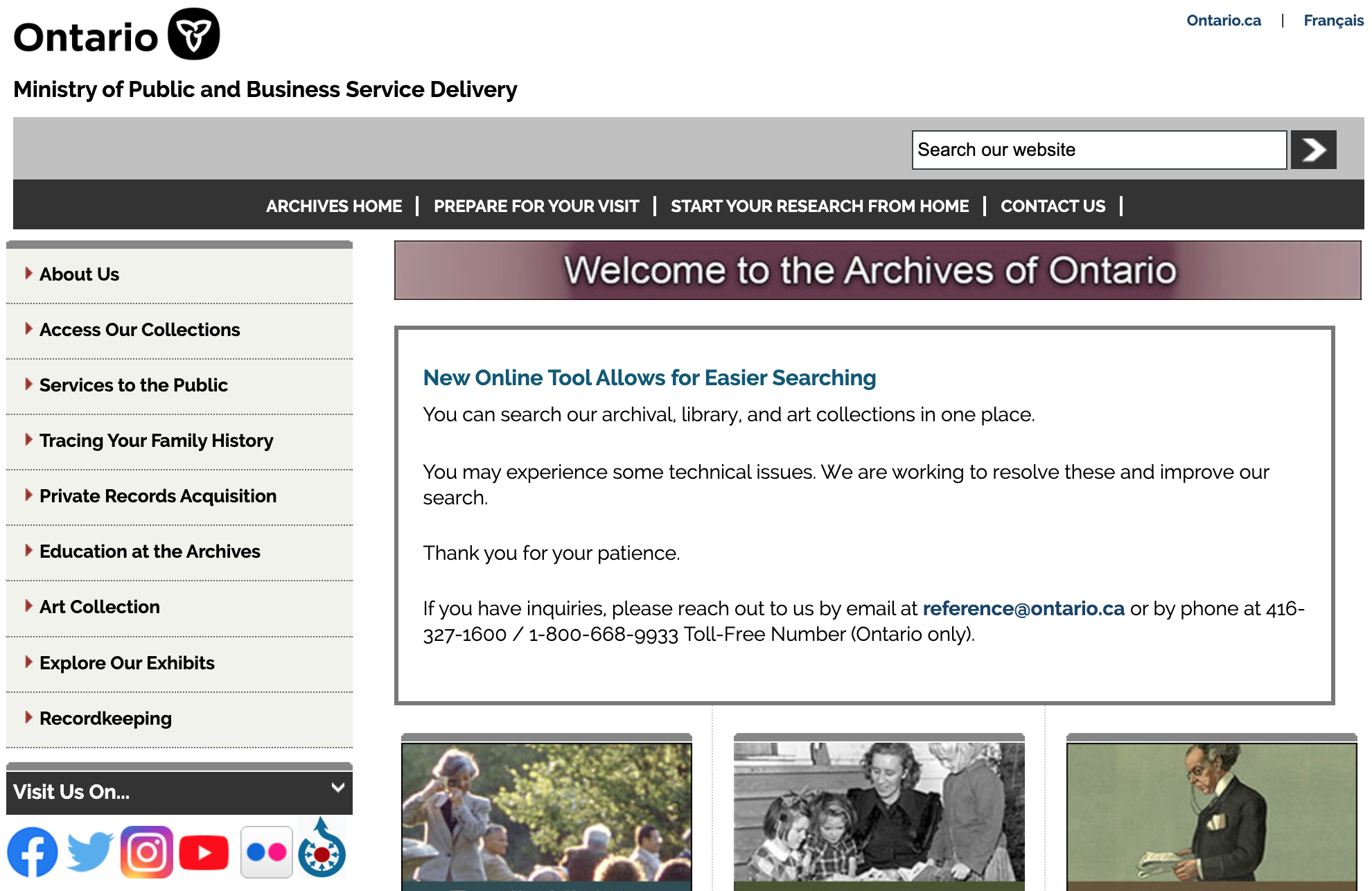 Old home page with a header, menu options, and a welcome message. Images of people and historical figures are at the bottom.