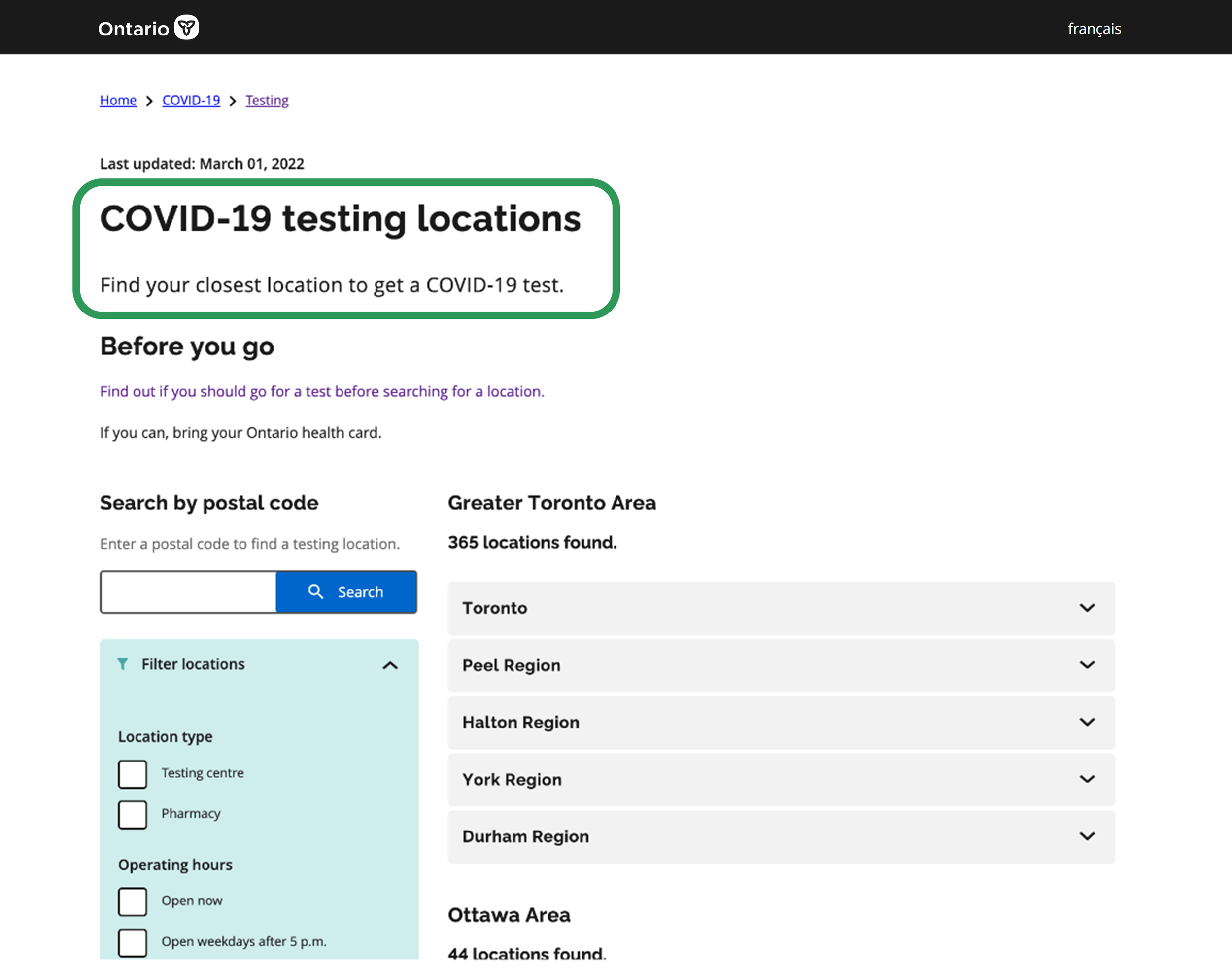 Ontario COVID-19 testing locations webpage showing options to find testing sites by postal code or region, with search functionality and filter options for location type and operating hours. Title and lead sentence are highlighted.