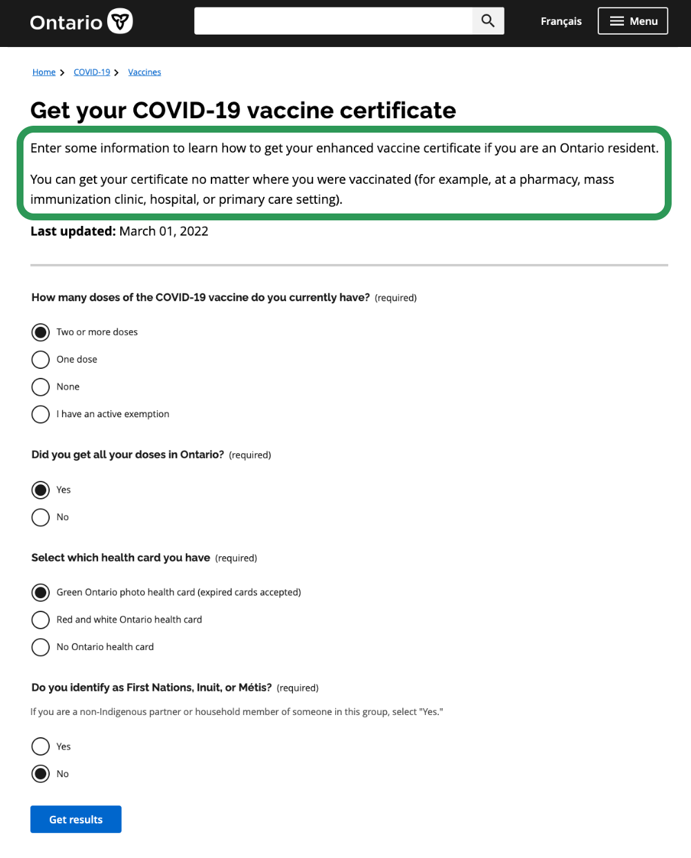 Screenshot of Ontario's COVID-19 vaccine certificate webpage showing a form to get a vaccine certificate, including questions about vaccination doses, health card, and Indigenous status. Lead sentence is highlighted.