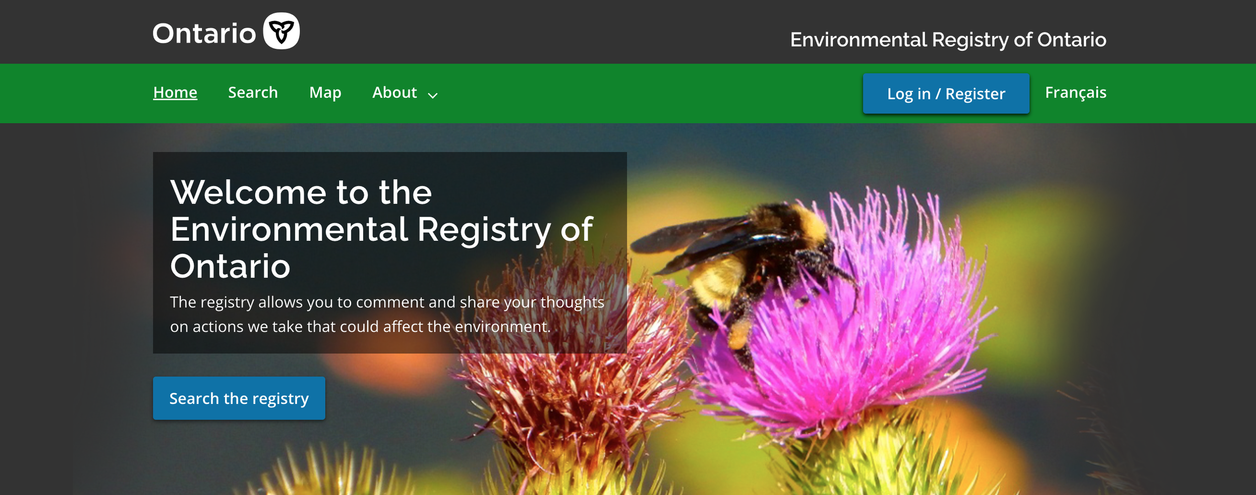 new Environmental Registry home page with blue button to search