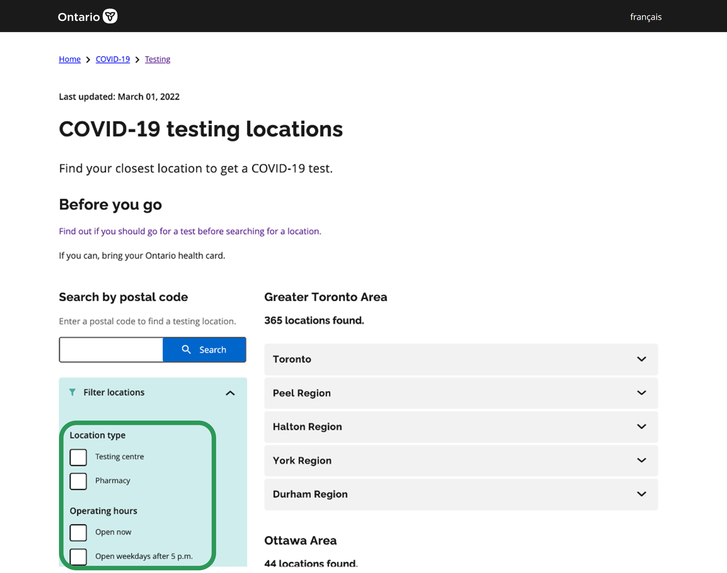 Screenshot of Ontario's COVID-19 testing locations webpage showing search options by postal code and region, with filters for location type, operating hours, and status, along with a map and list of regions. Filters are highlighted.