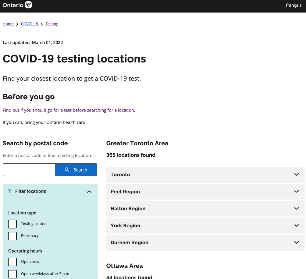 COVID-19 testing locations in Ontario, with search options and regional filtering.