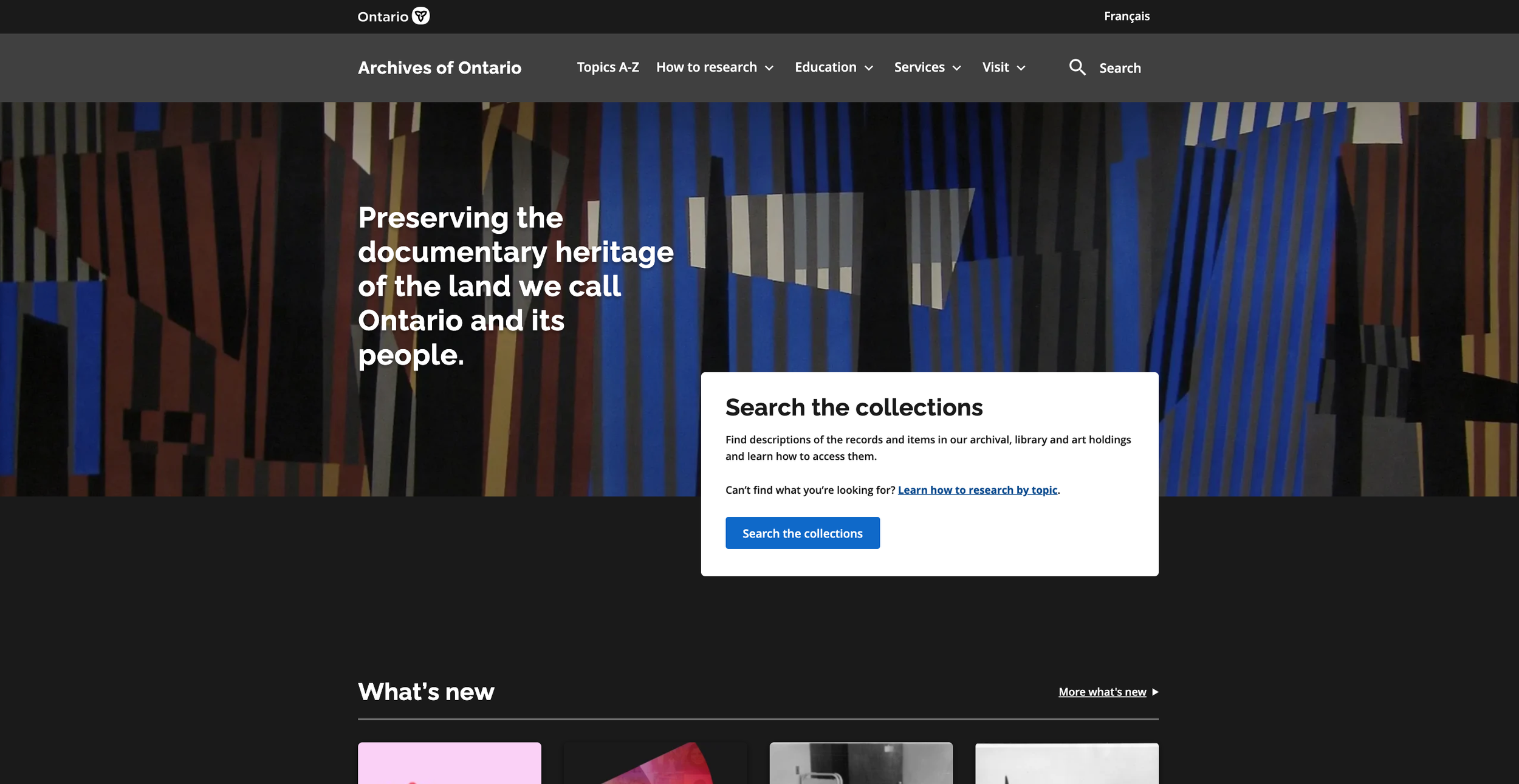 Archives of Ontario website featuring a dark background with colorful vertical lines and a white overlay box with a search prompt.