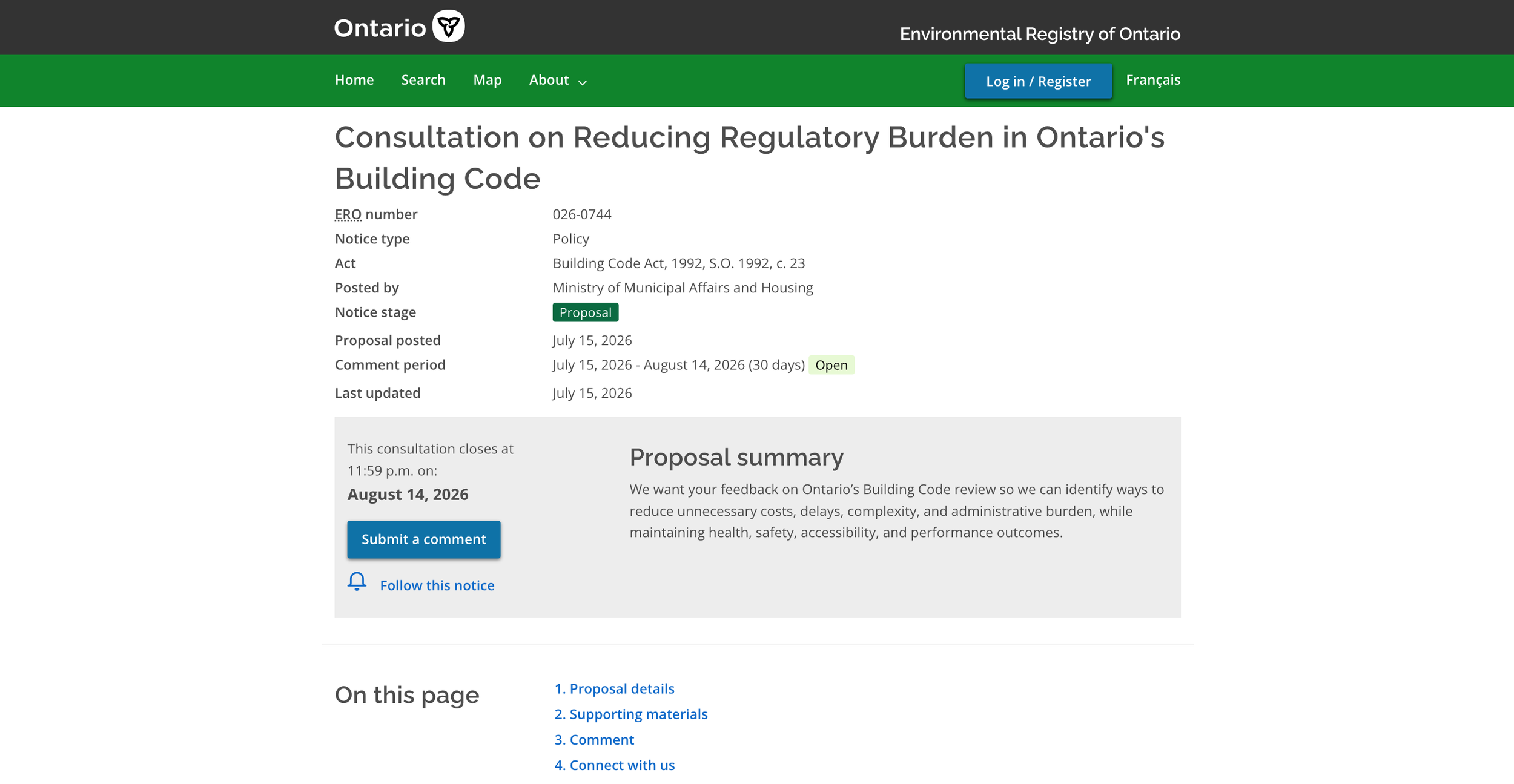 New Environmental Registry posting page showing a consultation on reducing regulatory burden in Ontario's building code, including details about the notice, proposal, comment period, and options to submit comments.