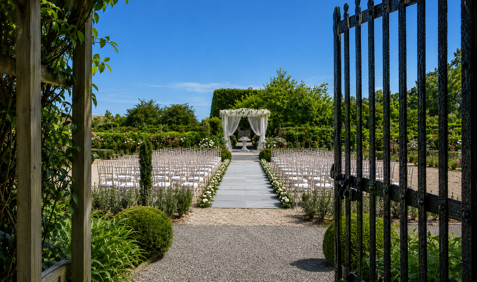 A wedding ceremony setup viewed through a black wrought iron gate, with rows of chairs on either side of a stone aisle, leading to a decorated altar with white drapes and floral arrangements in a lush garden with blue sky.