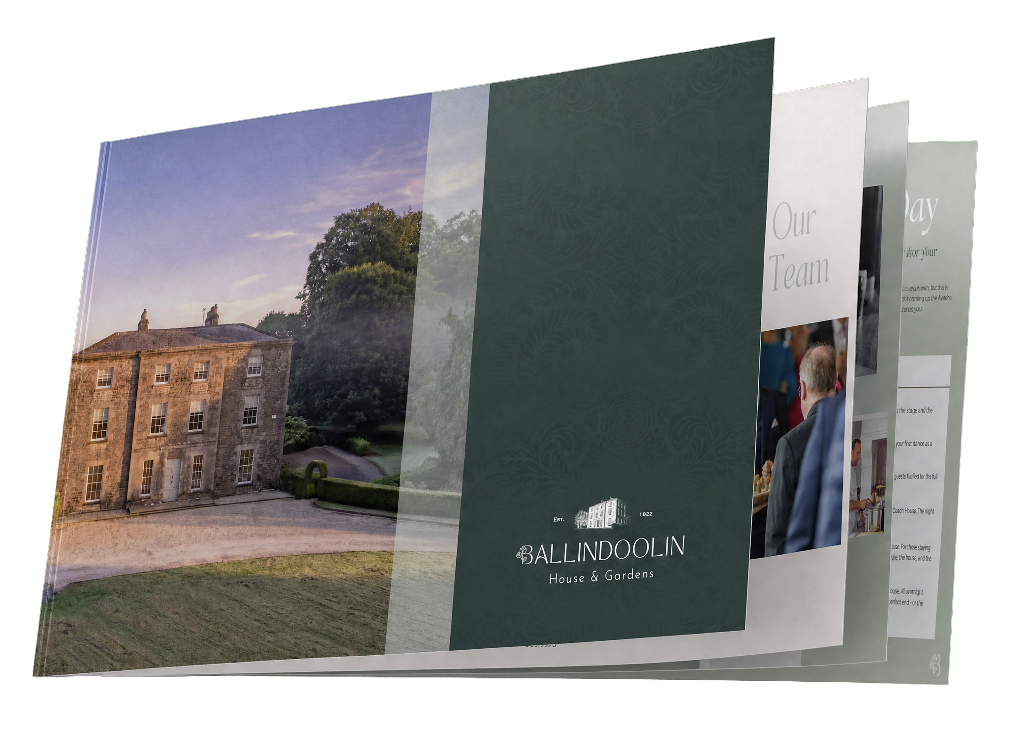 A brochure for Ballindolin House & Gardens features a historic stone building surrounded by greenery and trees, with a partly cloudy sky.