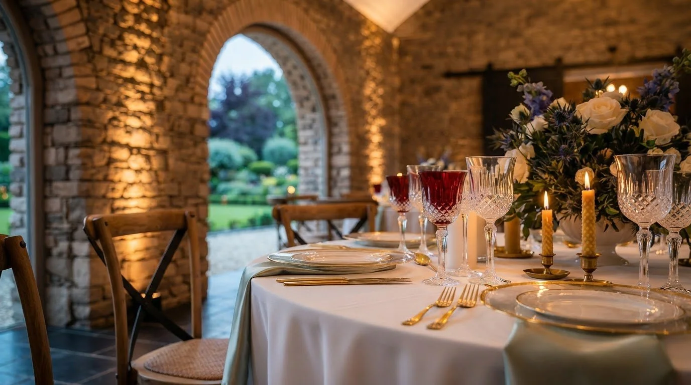 Elegant dinner table set with gold-rimmed plates, crystal glassware, gold cutlery, tall candles, and a floral centerpiece in a rustic stone-walled room with arched windows and ambient lighting.