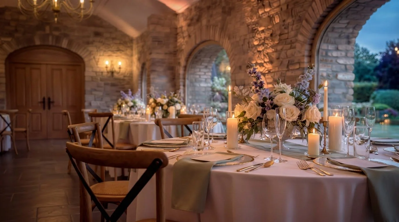Elegant indoor dining setting with round tables, floral centerpieces, lit candles, glassware, and silverware, featuring a stone wall backdrop with arched windows showing an outdoor garden at dusk.