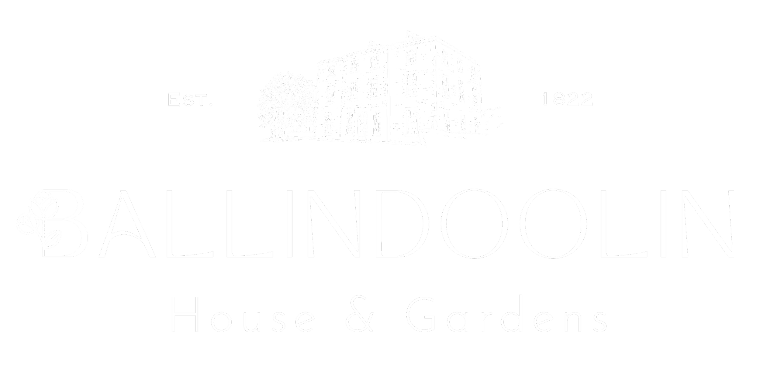 Logo for Ballindoolin House & Gardens, established 1822, featuring a drawing of a house, trees, and decorative text.