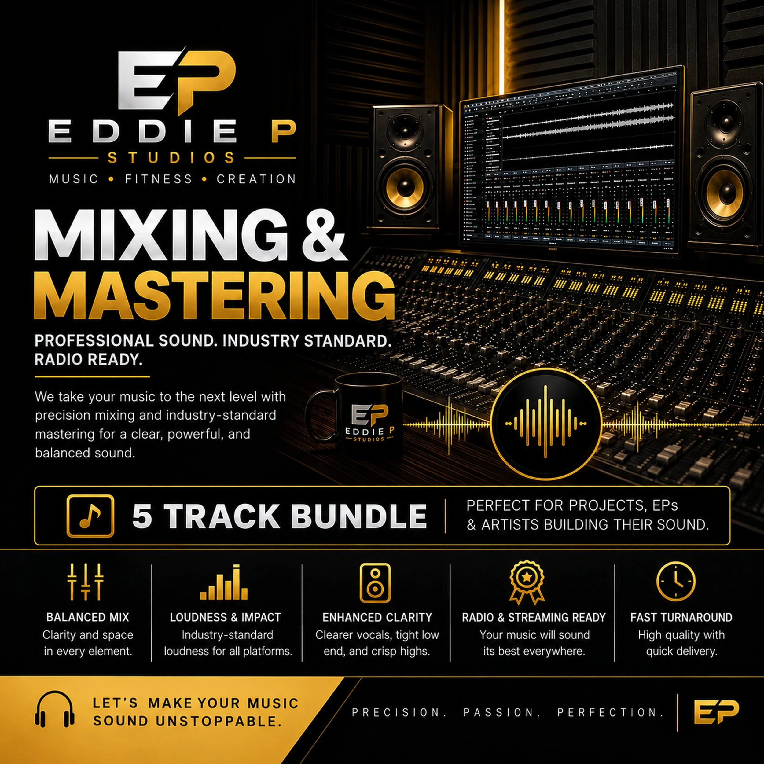 Eddie P Studios five-track mixing and mastering bundle, with square black-and-gold recording studio artwork