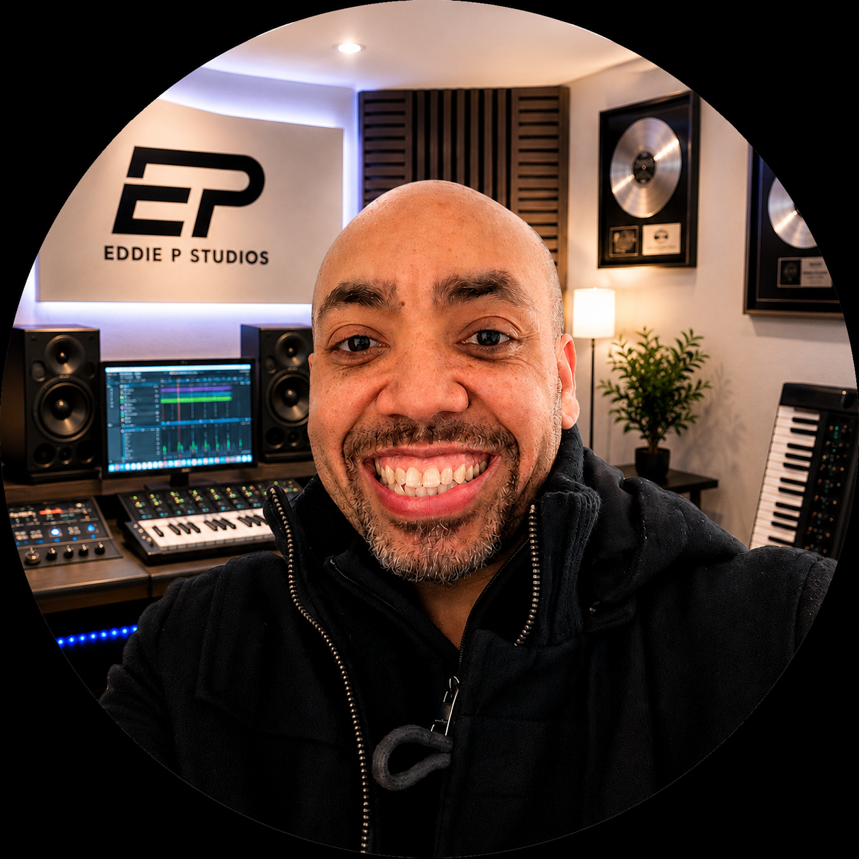 Eddie P smiling in his music production studio