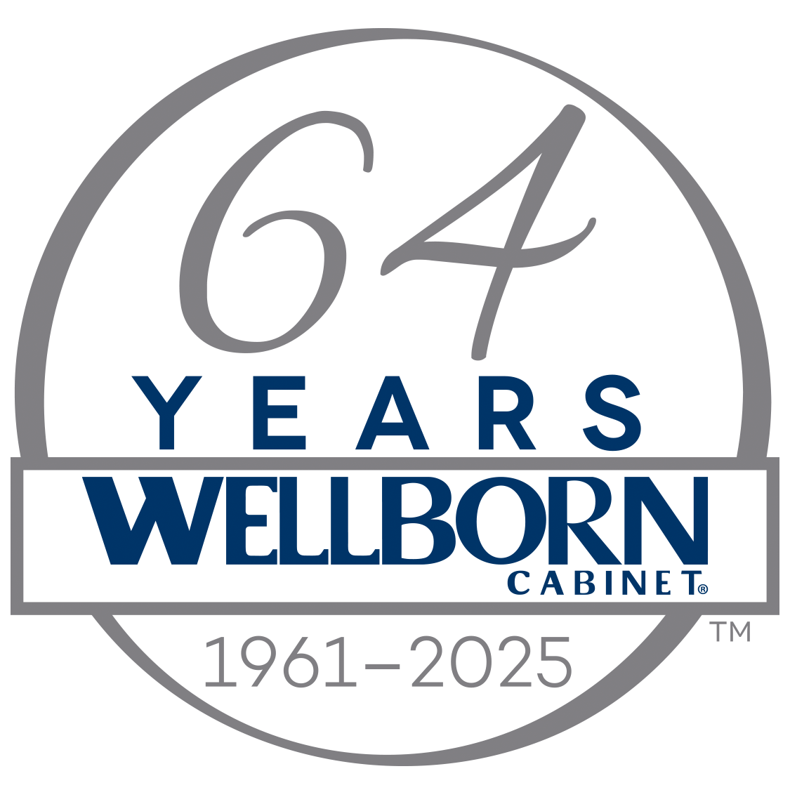 A logo celebrating 64 years of Wellborn Cabinet from 1961 to 2025.