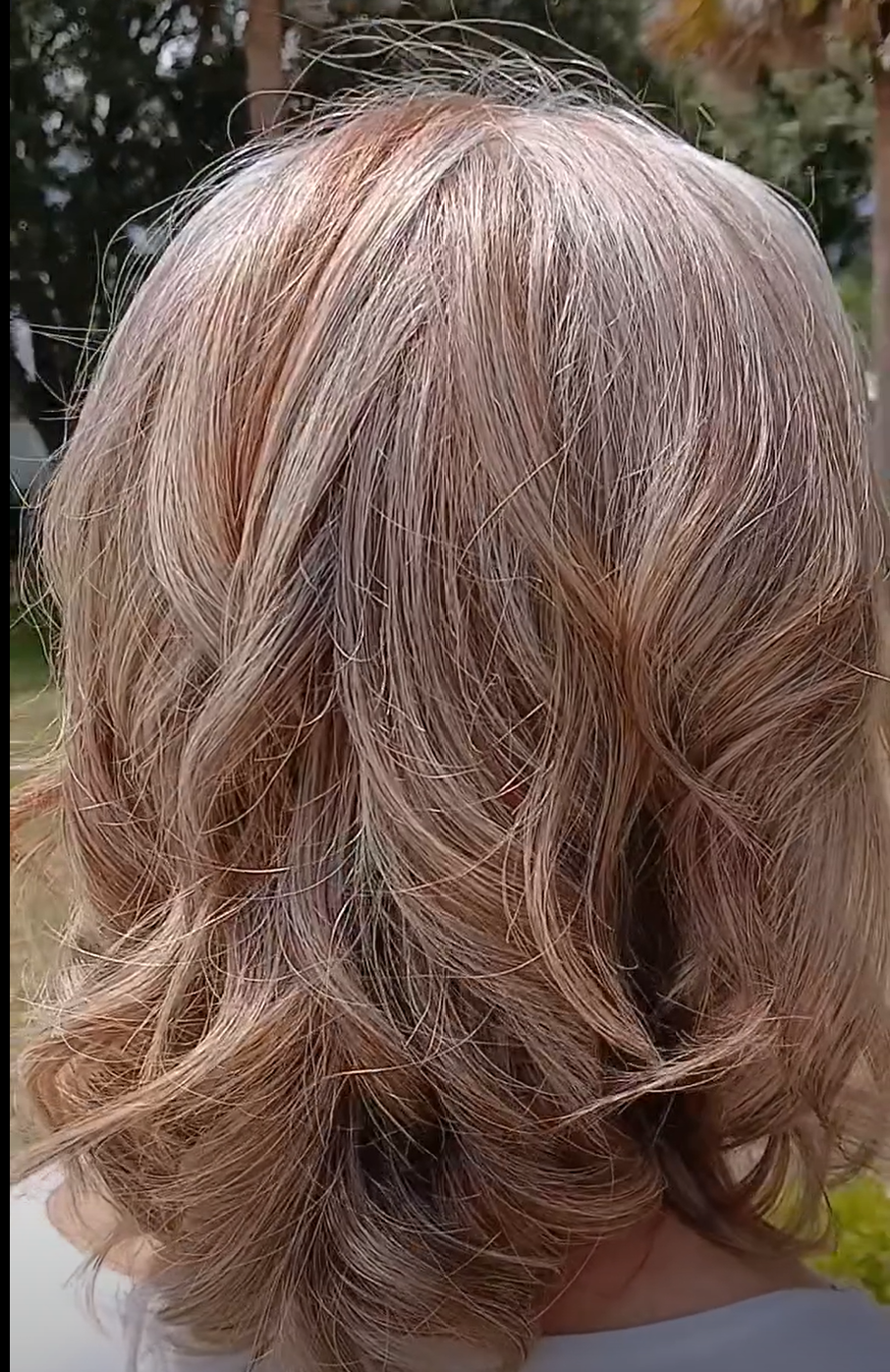 The back of a person's head with shoulder-length, wavy, blonde hair, outdoors with trees and sky in the background.