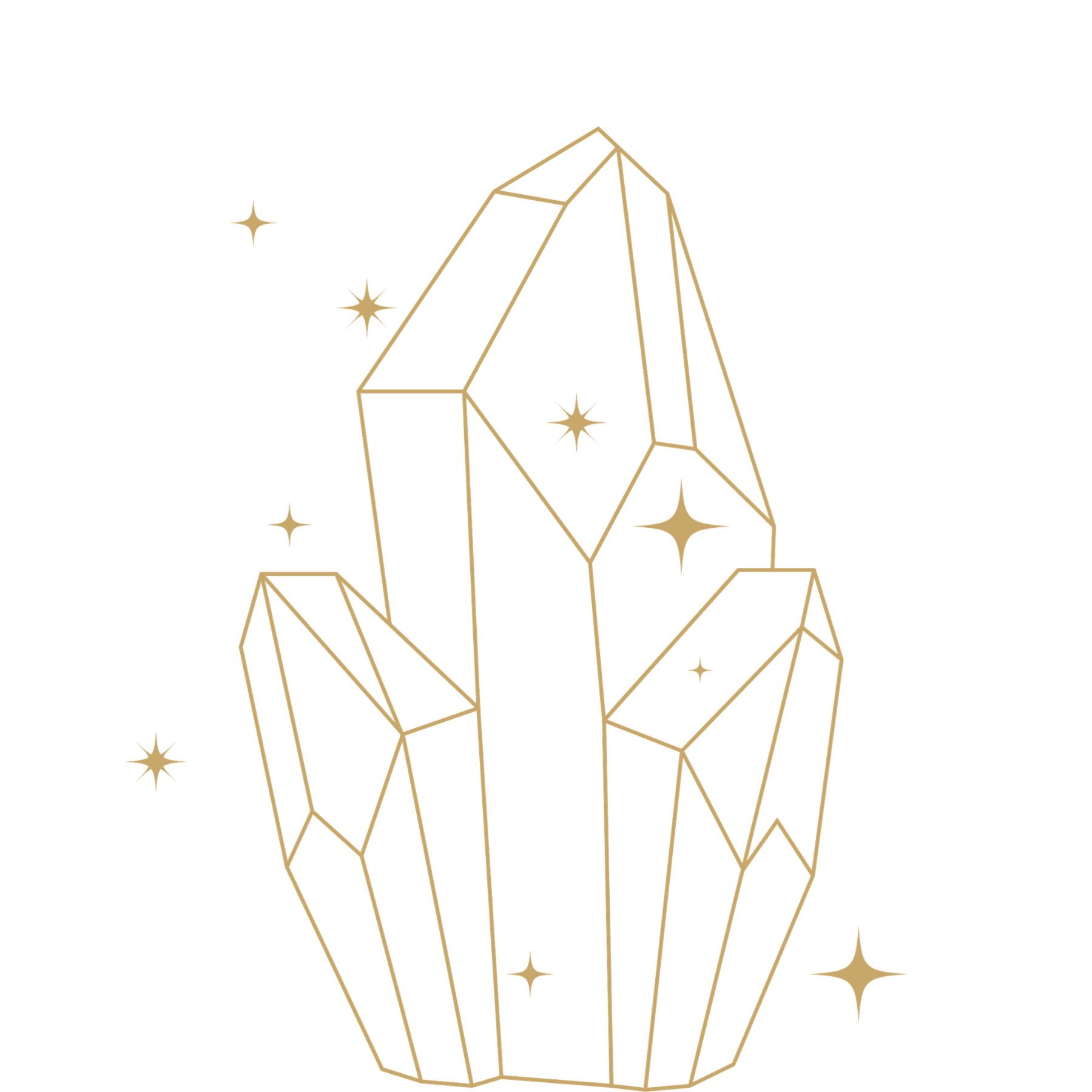 A digital illustration of a geometric crystal with stars around it, rendered in gold lines against a black background.