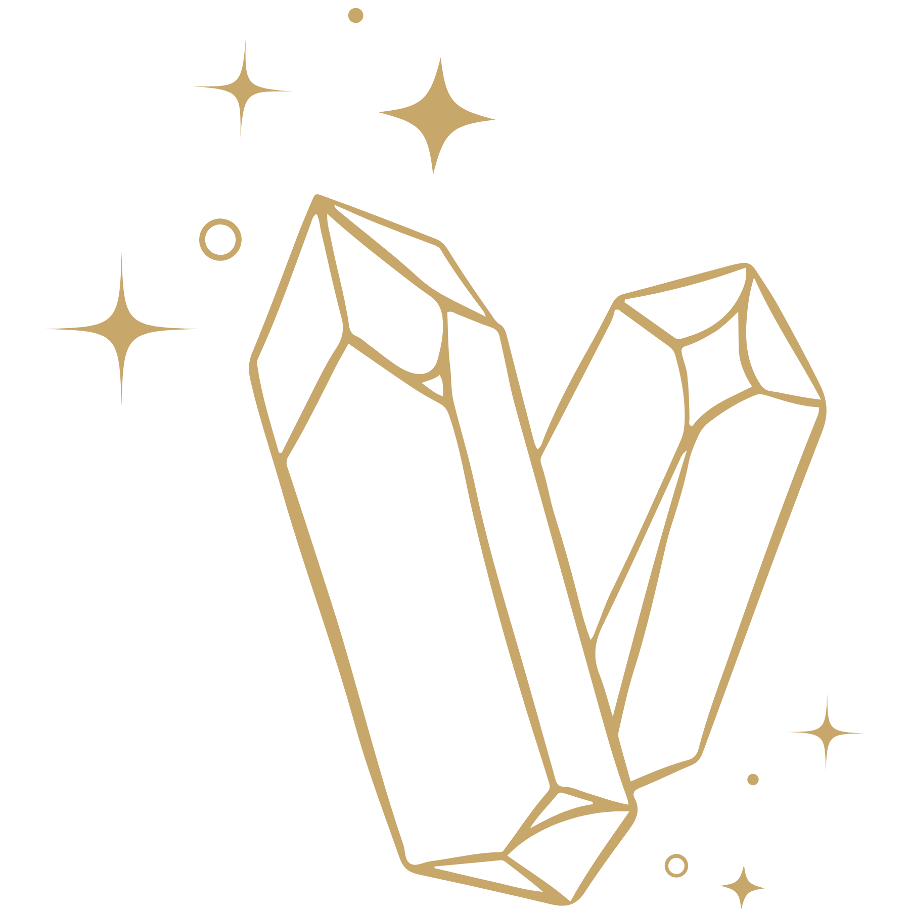 Gold outline of a geometric gemstone with sparkles around it on a black background.