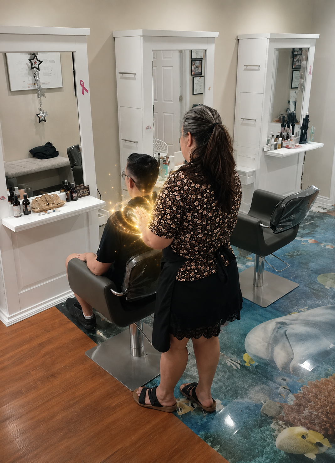 A hairstylist working on a male customer's hair in a salon with white mirrors and beauty products on the counters. client receiving reiki before a haircut