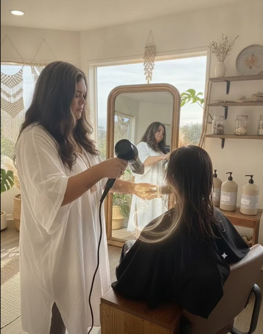 A woman with long dark hair styles a customer at a wooden salon chair in a cozy, well-lit room with a large mirror, shelves with jars, and plants.
