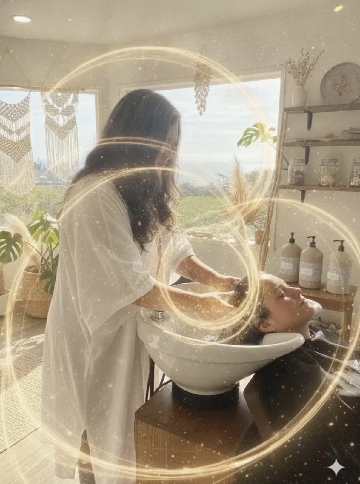 A woman receives a head massage and reiki at a wellness center, with another woman lying back in a sink, in a room decorated with plants and shelves, with bright natural light coming through the windows.