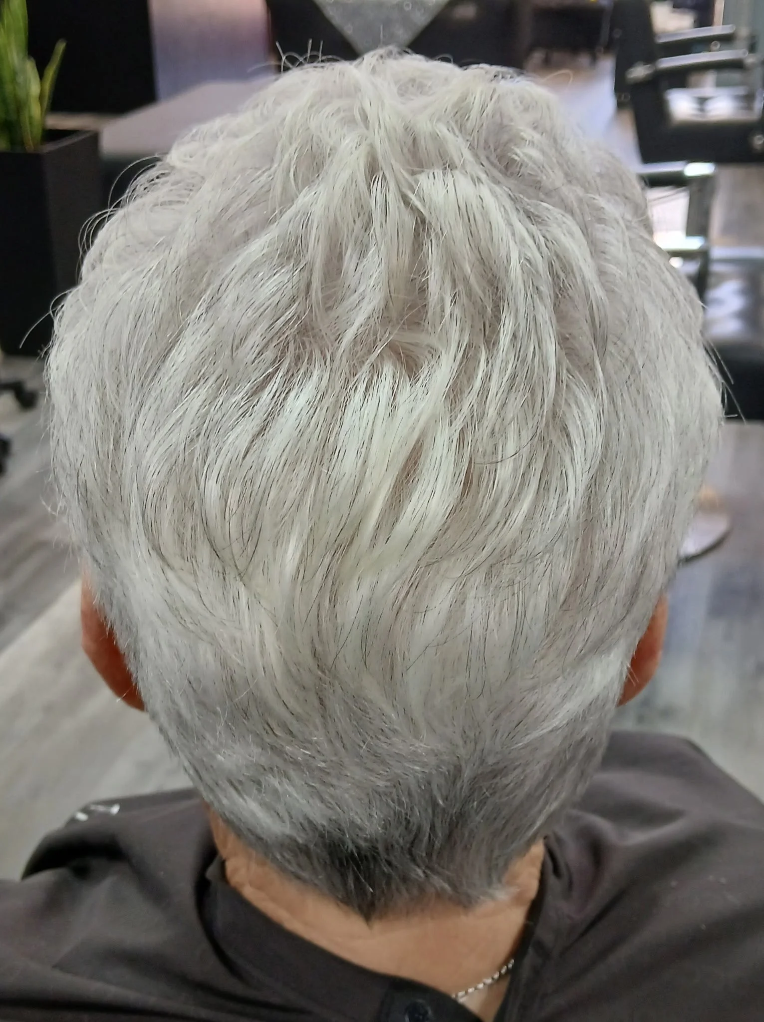 Top view of a person's head with silver and gray hair.