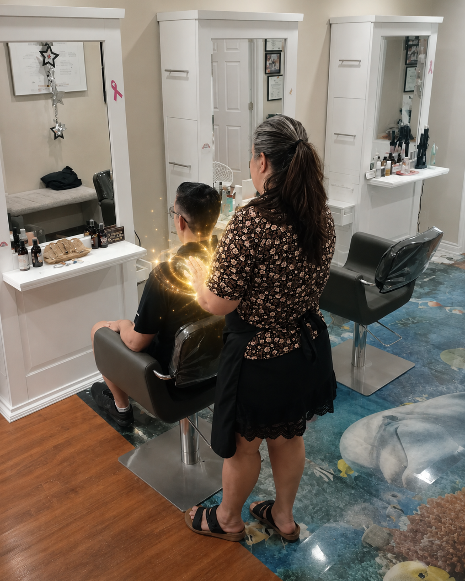 A woman standing behind a seated young man getting a haircut and clearing in a salon or barber shop, with white cabinets and a large mirror on the wall.