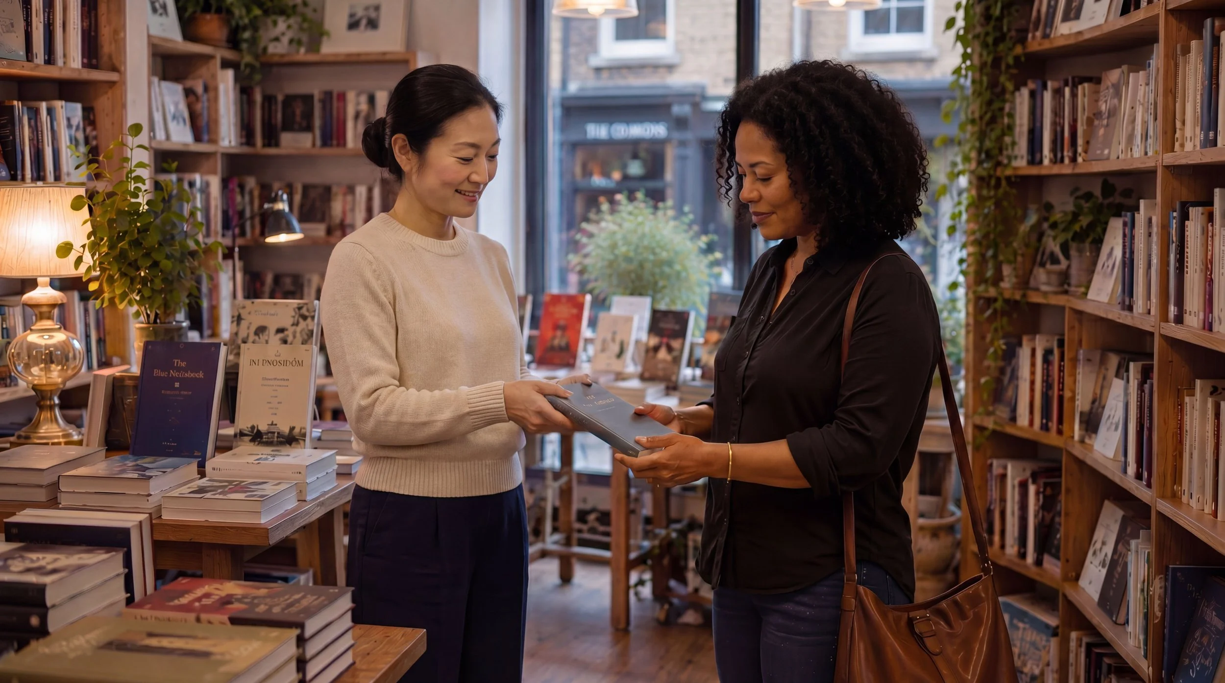 The bookstore owner hands a book to a customer as they examine it together, shelves of books on either side and 'The Commons' visible on the storefront window across the street.