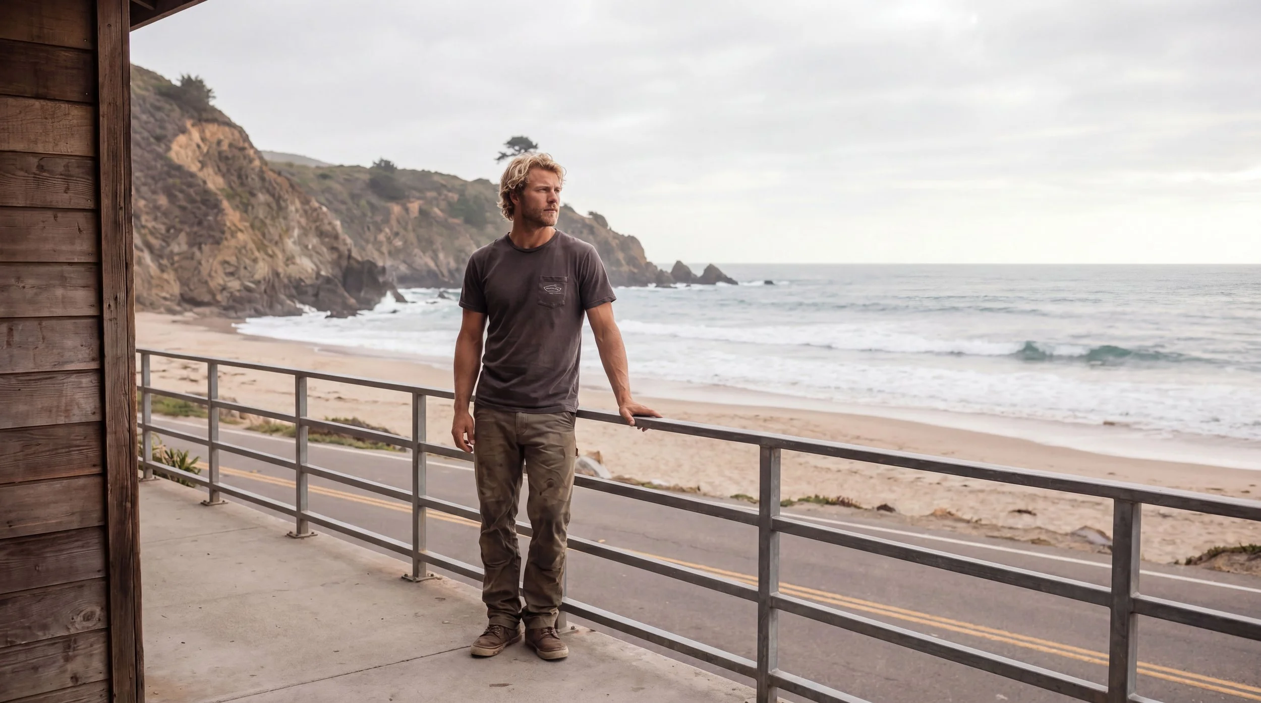 A surf shop owner stands on a railing overlooking a beach and coastal road, cliffs and waves visible in the distance.