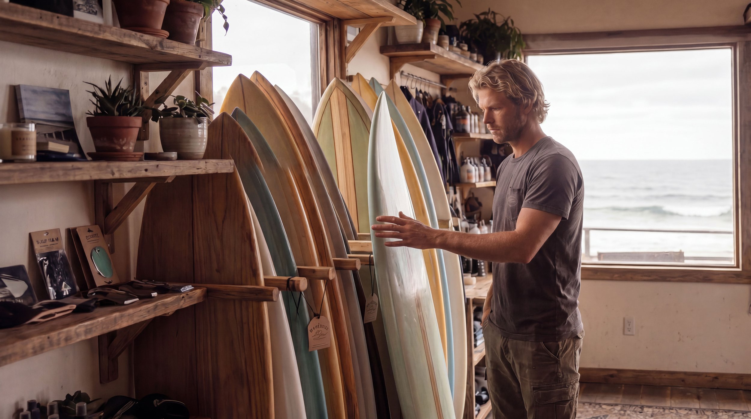 The surf shop owner runs his hand along a row of surfboards displayed against a window, wetsuits and gear on shelves nearby with the ocean visible outside.