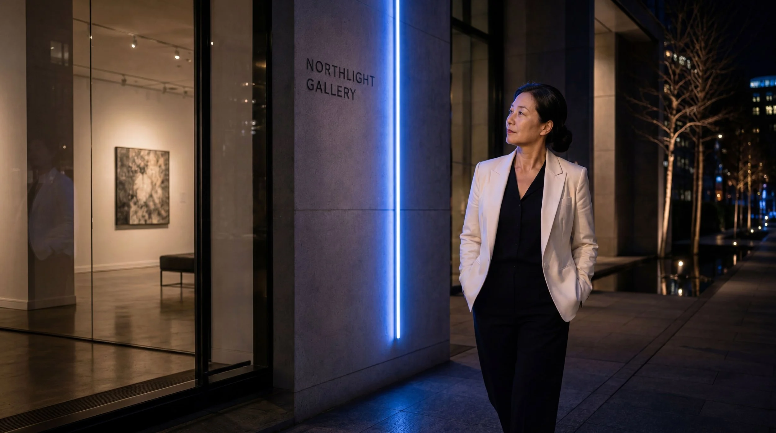 Alt text: "A woman in a white blazer walks past the illuminated Northlight Gallery entrance at night, a blue light line tracing the doorway beside artwork visible through the glass.