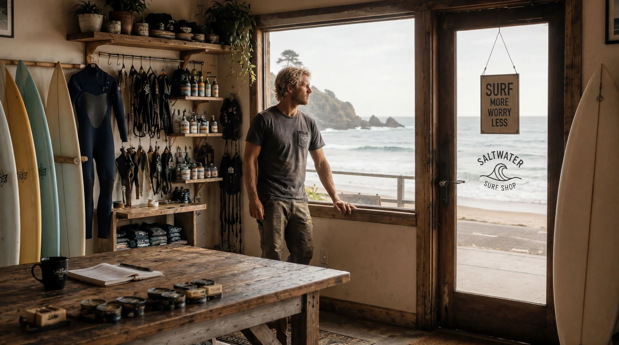 A surf shop owner looks out toward the ocean from inside his shop, surfboards and wetsuits lined up beside him and a 'Saltwater Surf Shop' sign hanging in the open doorway.
