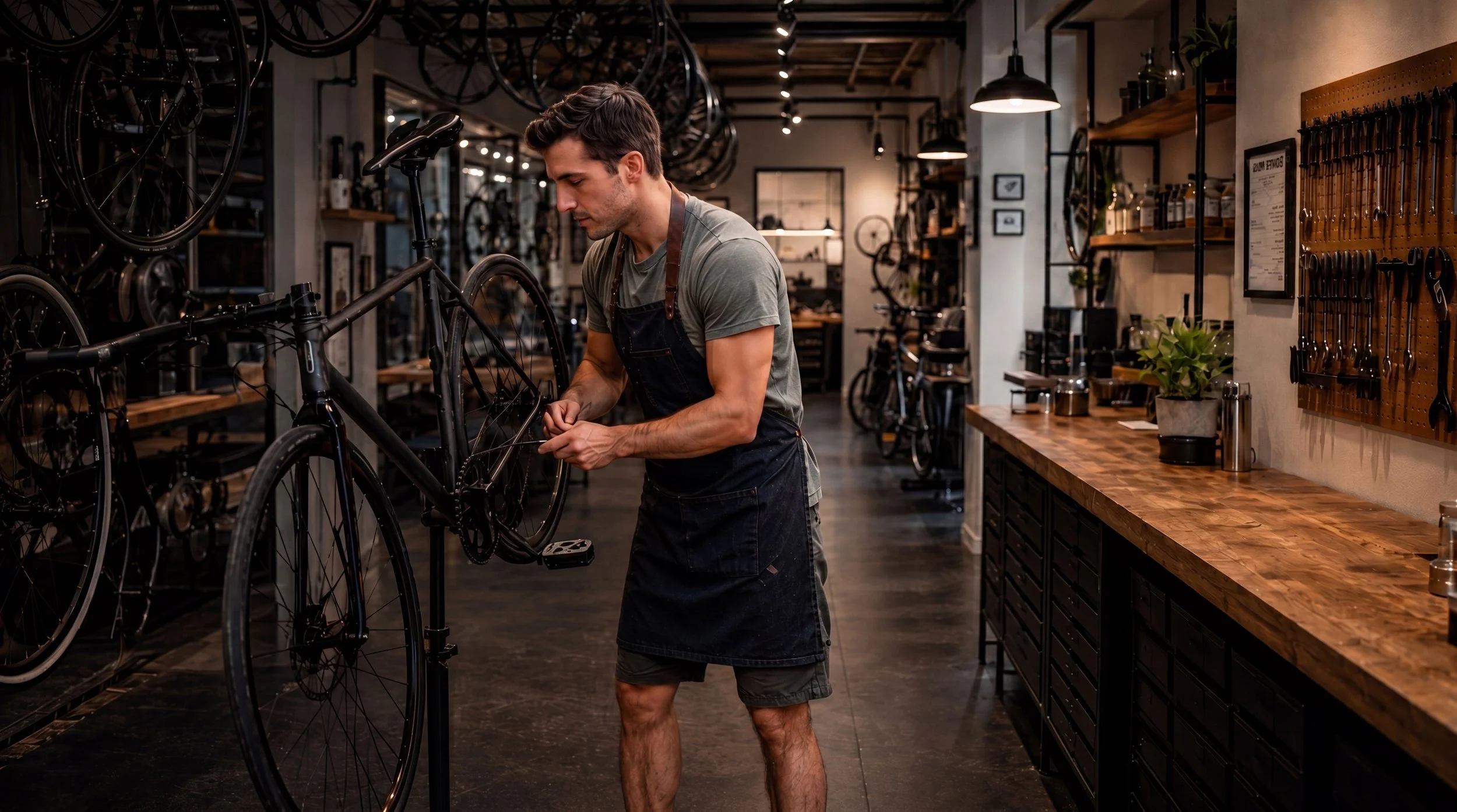 A bike shop owner works on a bicycle's drivetrain in his shop, wheels and tools lining the walls around him.
