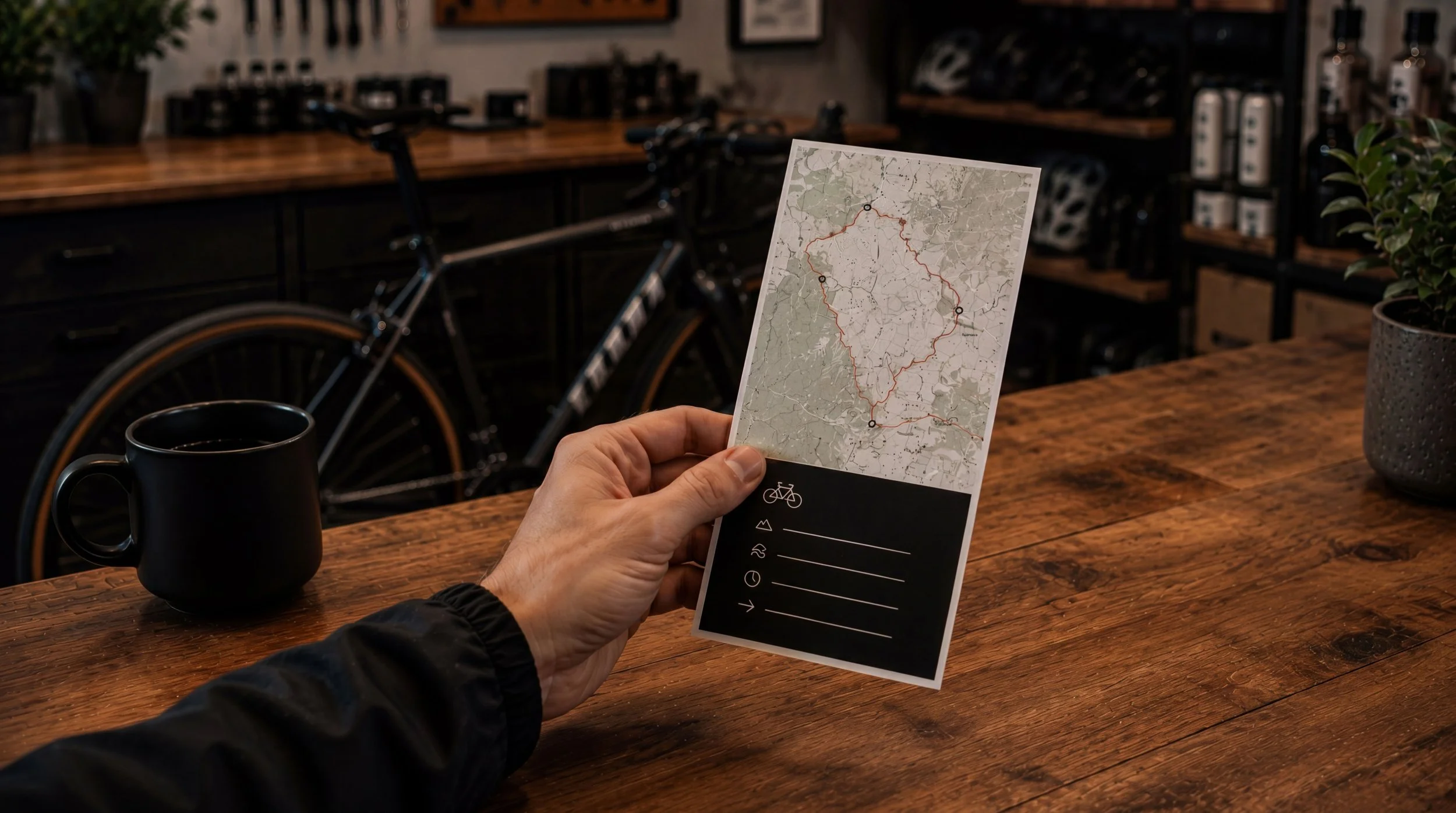 A hand holds a paper route card marked with a highlighted cycling route, a coffee mug and bicycle visible on the counter behind it.