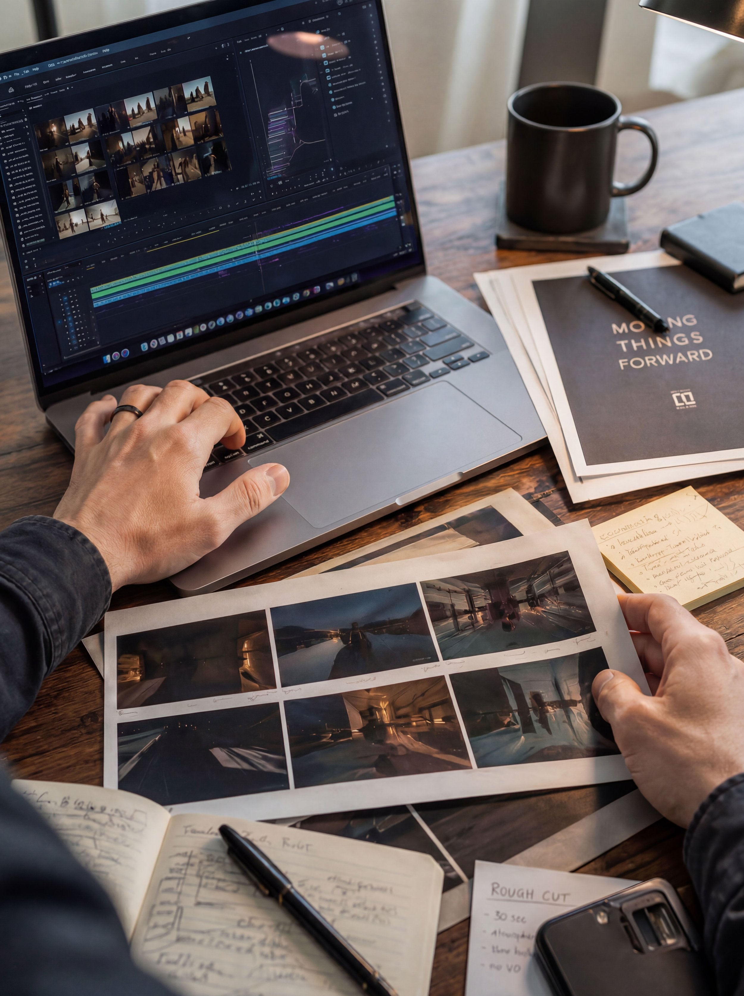 Close-up of hands working at a laptop showing video editing software, storyboard prints and handwritten notes on the desk beside a folder reading 'Moving Things Forward.
