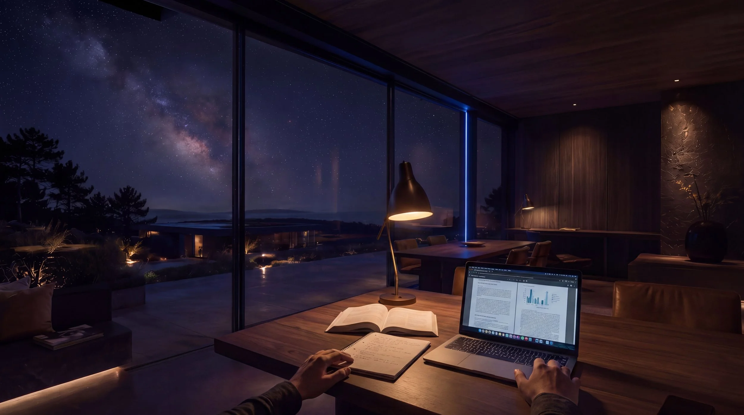 Close-up of hands typing on a laptop showing a document and bar chart, an open notebook and book beside it, a night sky and blue light line visible through the glass wall behind.