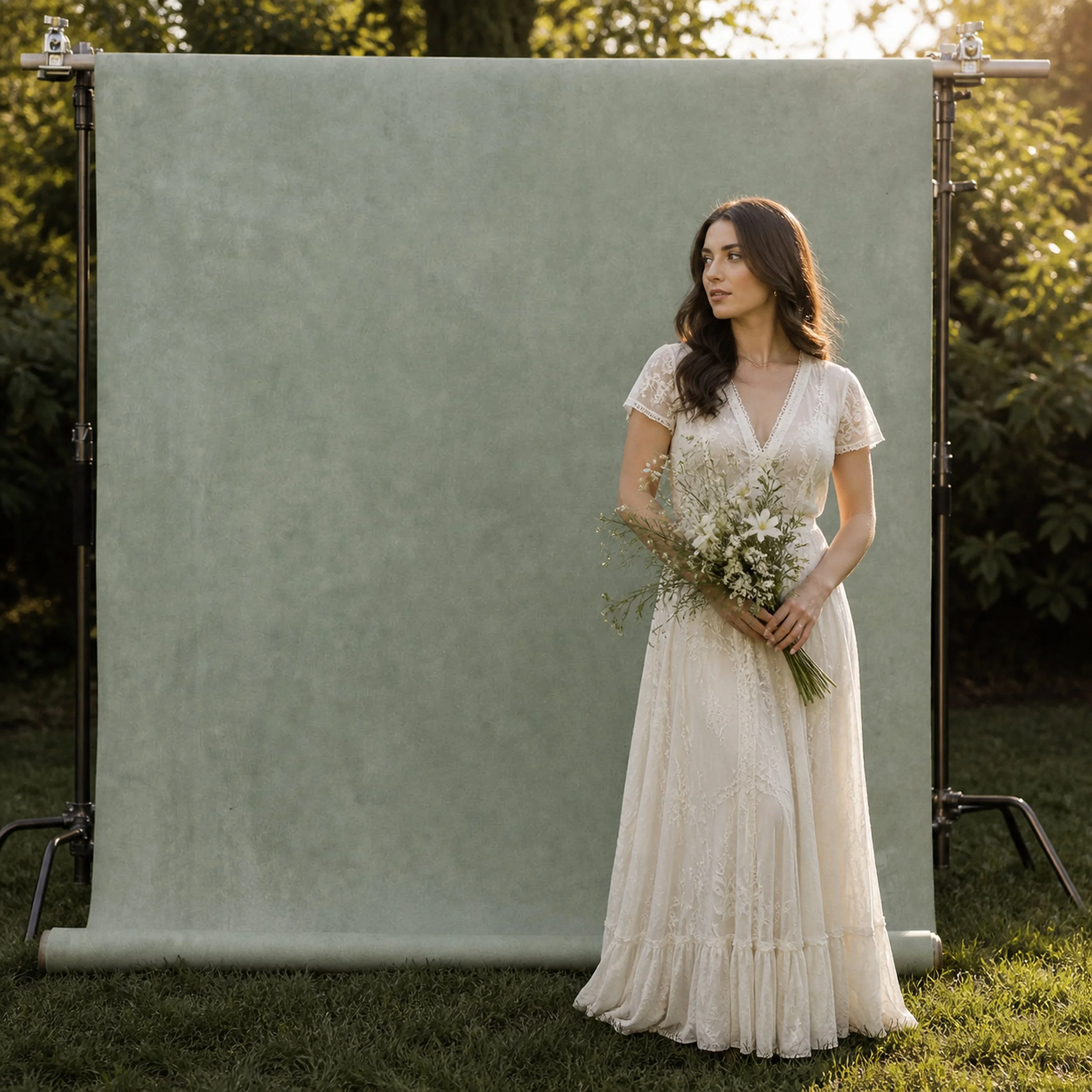 A woman in a white lace dress holding a bouquet of white flowers outdoors in front of a green backdrop with trees and sunlight.