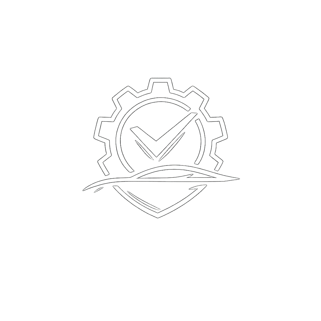 Een logo met een gear, een vink en een landschap. Het logo is wit op een zwarte achtergrond.