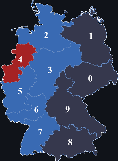 Kaart van Duitsland met regio's genummerd van 0 tot 9