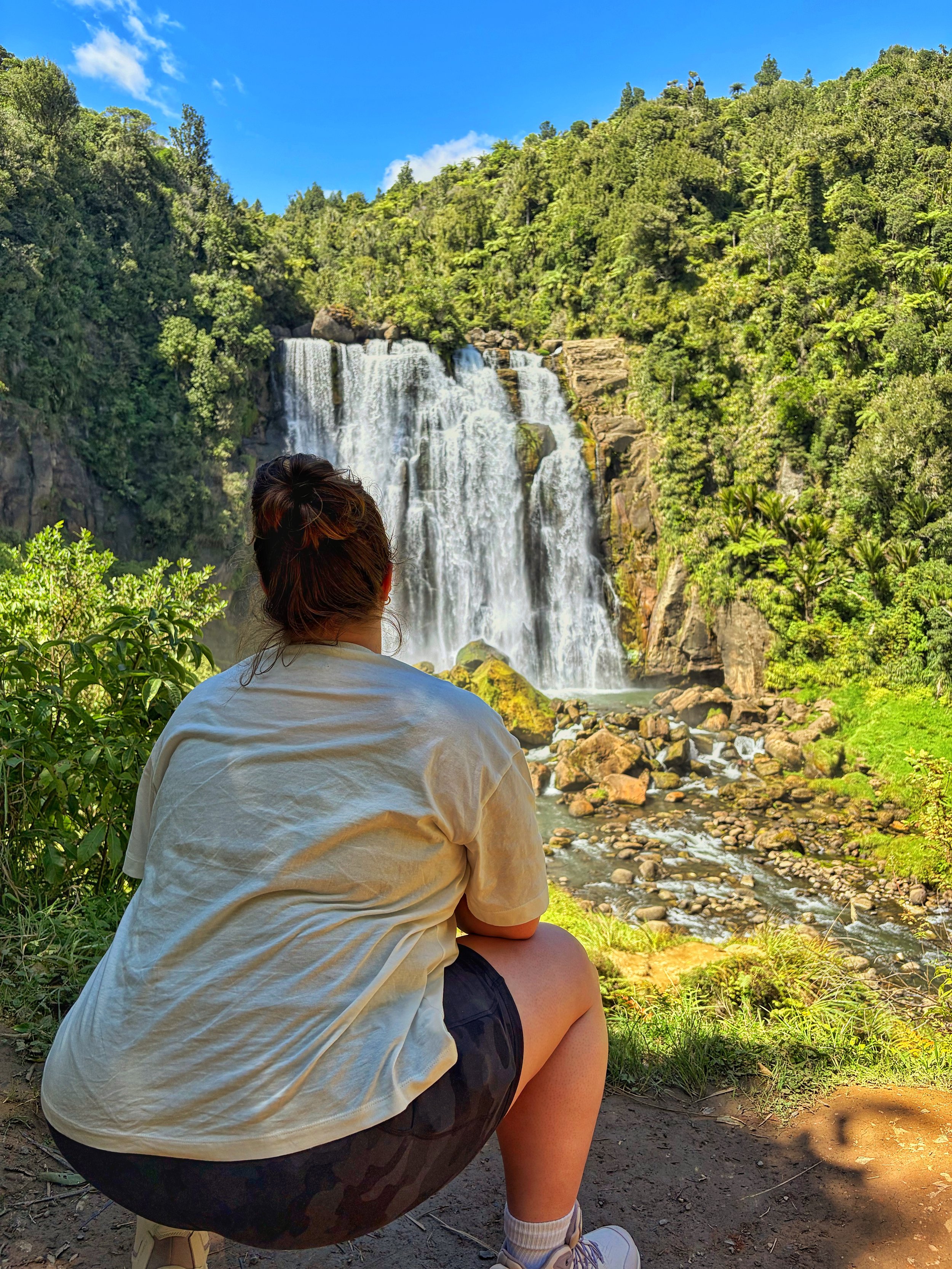 A person sitting in front of a large waterfall surrounded by lush green trees under a blue sky.