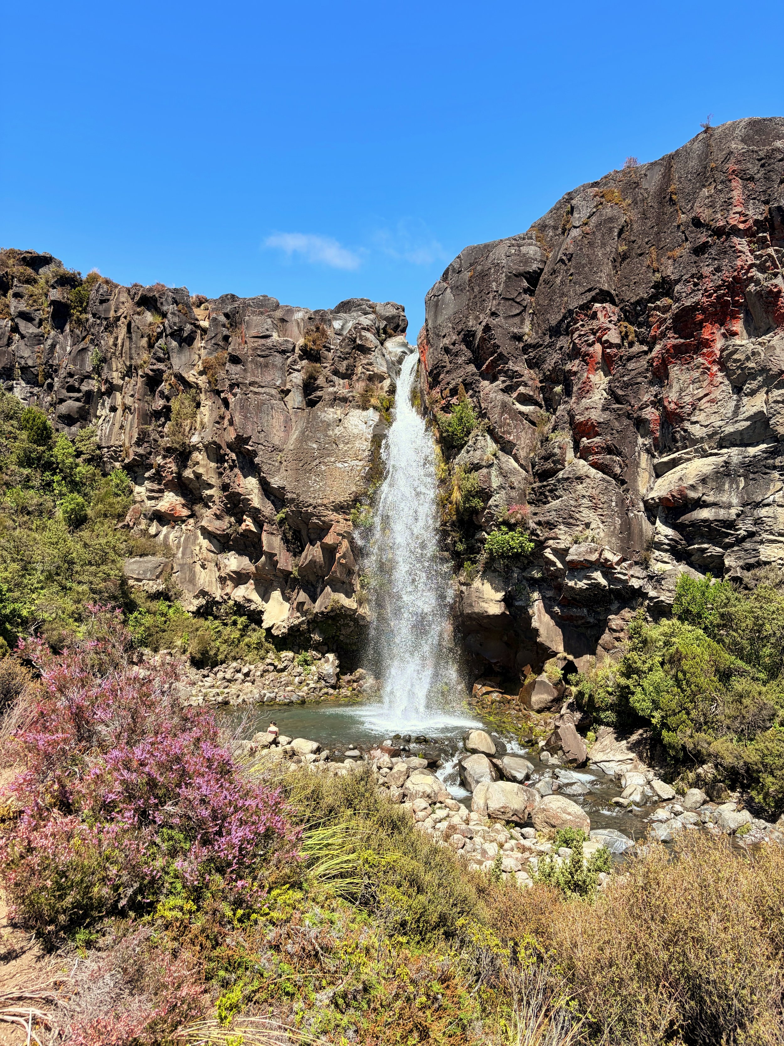 A waterfall cascading down rocks surrounded by green and purple vegetation under a clear blue sky.